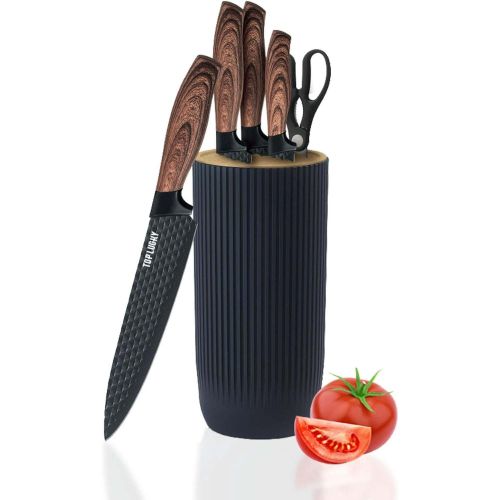 Kitchen Knife Set, 6-Piece Black Cooking Knife Set with Star Grain Blade, Sharp Stainless Steel Chef Knife Set Contains Round Knife Storage, Knives Kitchen Knife Set, 6-Piece Black Cooking Knife Set with Star Grain Blade, Sharp Stainless Steel Chef Knife Set Contains Round Knife Storage, Knives